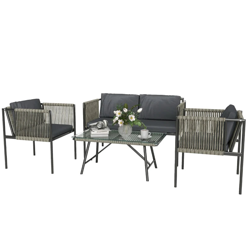 Outsunny Set Salotto da Giardino in Rattan con 2 Poltrone, Divanetto 2 Posti e Tavolino da Caffè in Vetro, Grigio