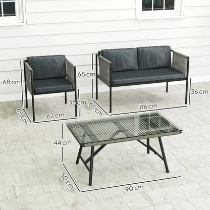 Outsunny Set Salotto da Giardino in Rattan con 2 Poltrone, Divanetto 2 Posti e Tavolino da Caffè in Vetro, Grigio