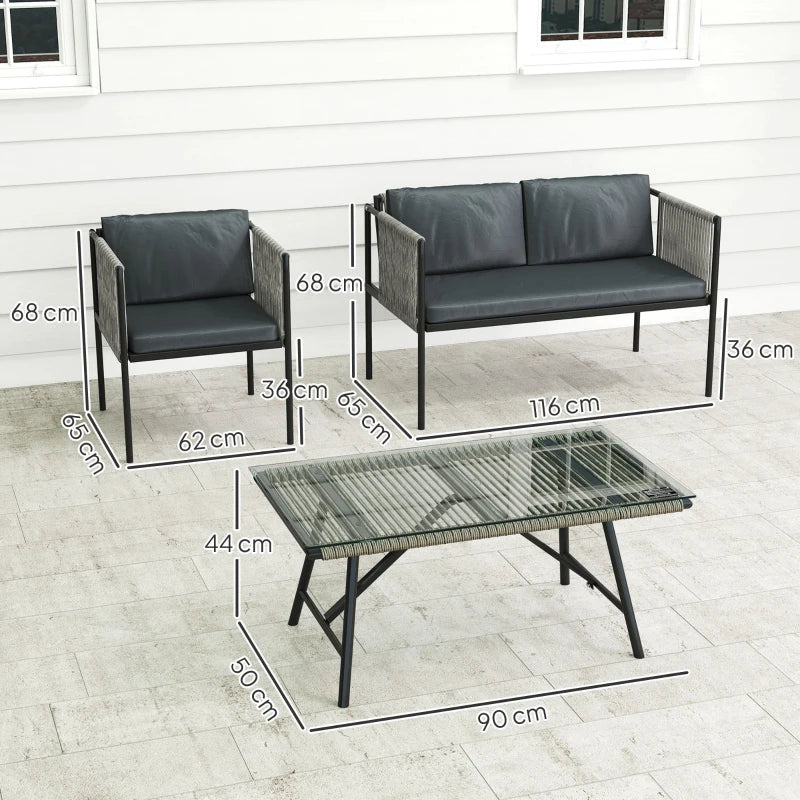 Outsunny Set Salotto da Giardino in Rattan con 2 Poltrone, Divanetto 2 Posti e Tavolino da Caffè in Vetro, Grigio