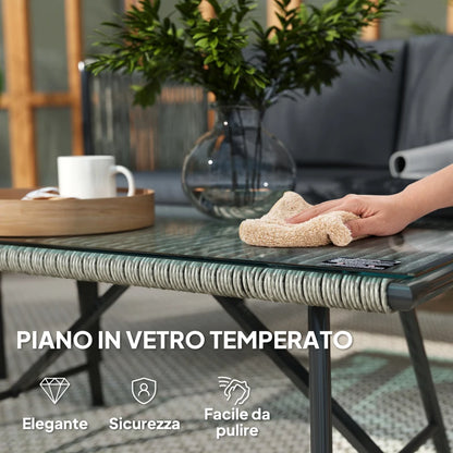 Outsunny Set Salotto da Giardino in Rattan con 2 Poltrone, Divanetto 2 Posti e Tavolino da Caffè in Vetro, Grigio
