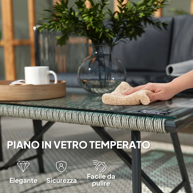 Outsunny Set Salotto da Giardino in Rattan con 2 Poltrone, Divanetto 2 Posti e Tavolino da Caffè in Vetro, Grigio
