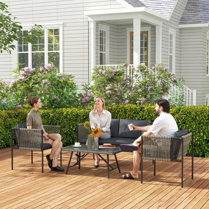 Outsunny Set Salotto da Giardino in Rattan con 2 Poltrone, Divanetto 2 Posti e Tavolino da Caffè in Vetro, Grigio