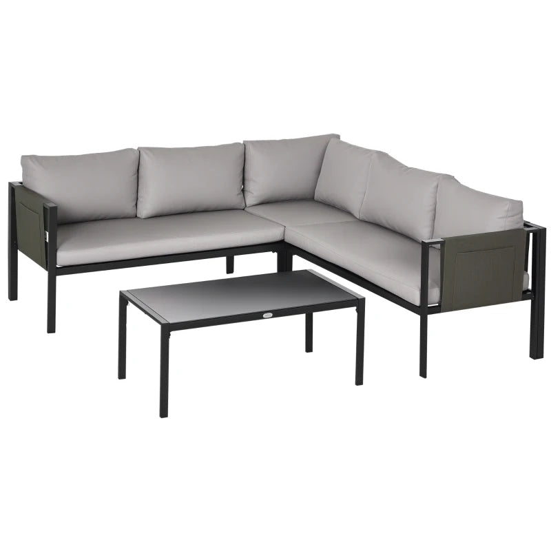 Outsunny Set da Giardino 4 Pezzi con 2 Divanetti, Poltrona Angolare e Tavolino da Caffè in Vetro Temperato