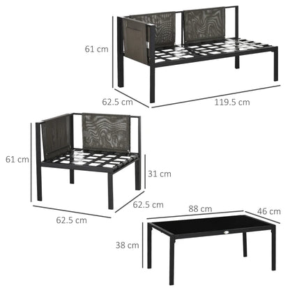 Outsunny Set da Giardino 4 Pezzi con 2 Divanetti, Poltrona Angolare e Tavolino da Caffè in Vetro Temperato