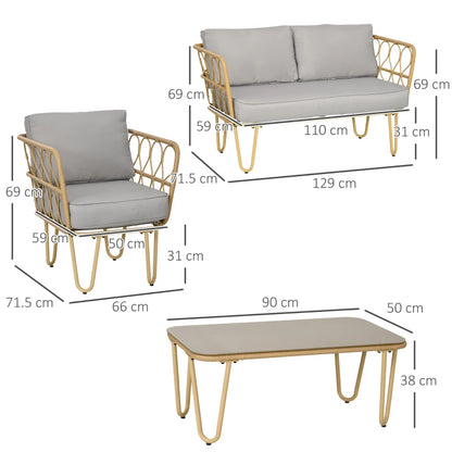 Outsunny Salotto da Giardino in Rattan Stile Boho con Divano 2 Posti, 2 Poltrone e Tavolino con Vetro