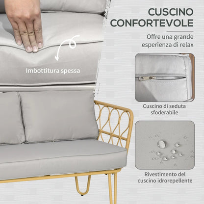 Outsunny Salotto da Giardino in Rattan Stile Boho con Divano 2 Posti, 2 Poltrone e Tavolino con Vetro