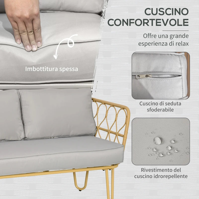 Outsunny Salotto da Giardino in Rattan Stile Boho con Divano 2 Posti, 2 Poltrone e Tavolino con Vetro