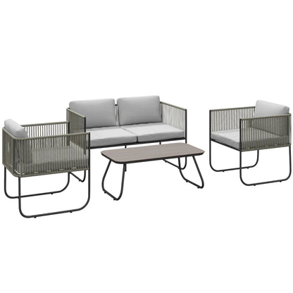 Outsunny Set da Giardino Rattan con Divanetto 2 Posti, 2 Poltrone e Tavolino in Vetro, Cuscini Sfoderabili, Grigio