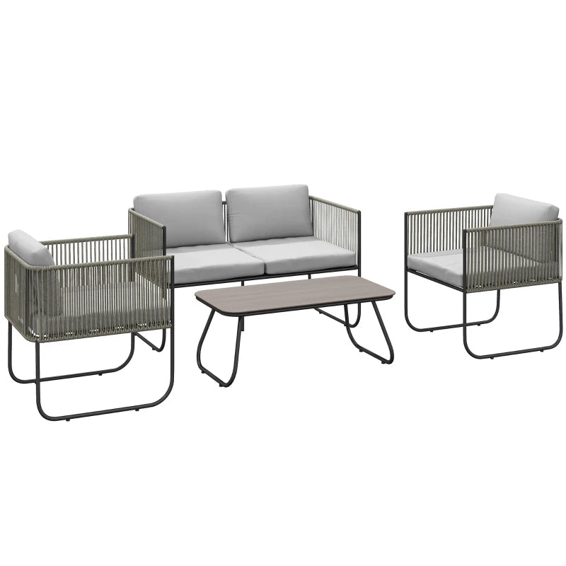 Outsunny Set da Giardino Rattan con Divanetto 2 Posti, 2 Poltrone e Tavolino in Vetro, Cuscini Sfoderabili, Grigio