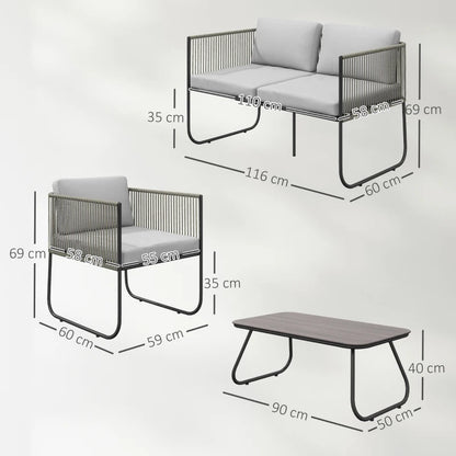 Outsunny Set da Giardino Rattan con Divanetto 2 Posti, 2 Poltrone e Tavolino in Vetro, Cuscini Sfoderabili, Grigio
