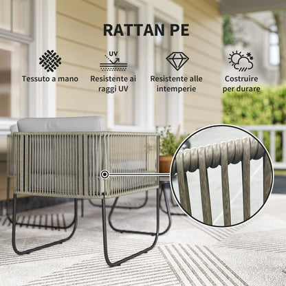Outsunny Set da Giardino Rattan con Divanetto 2 Posti, 2 Poltrone e Tavolino in Vetro, Cuscini Sfoderabili, Grigio
