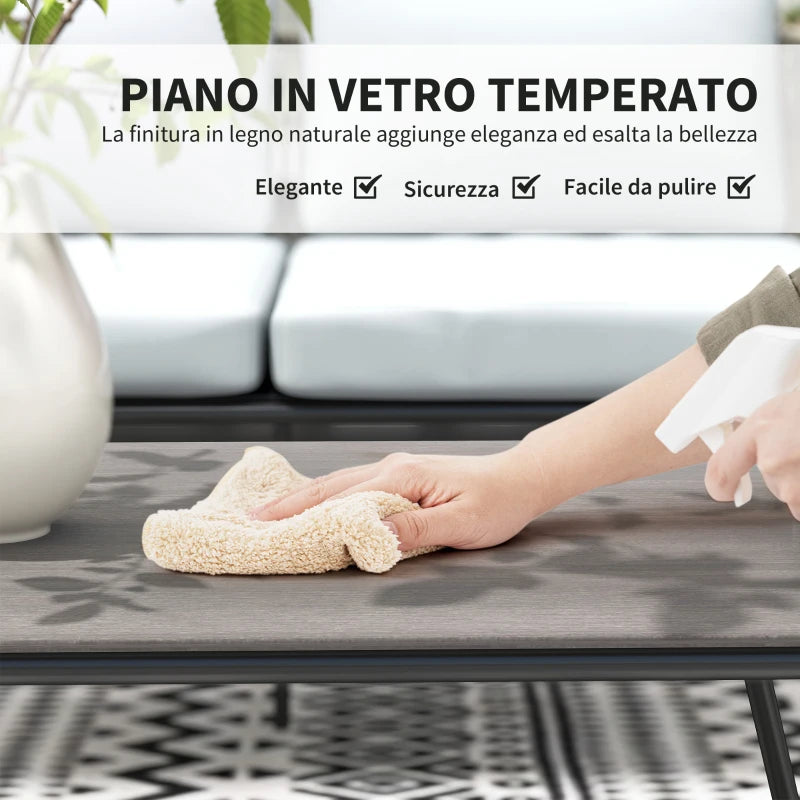 Outsunny Set da Giardino Rattan con Divanetto 2 Posti, 2 Poltrone e Tavolino in Vetro, Cuscini Sfoderabili, Grigio