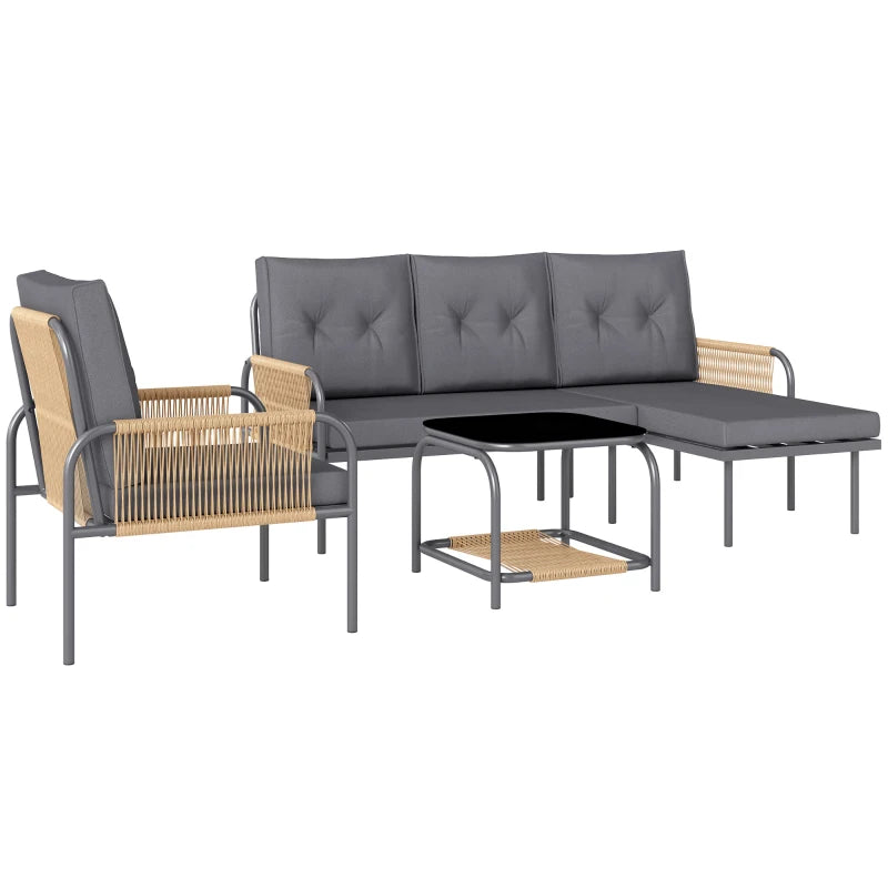 Outsunny Salotto da Giardino 4 Pezzi in Rattan con Divano, Chaise Longue, Poltrona e Tavolino con Cuscini, Grigio