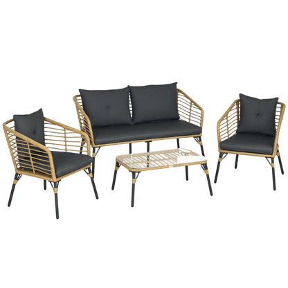 Outsunny Set da Giardino 4 Pezzi in Rattan PE e Acciaio con 2 Sedie, Divano 2 Posti e Tavolino, Marrone Nero e Grigio