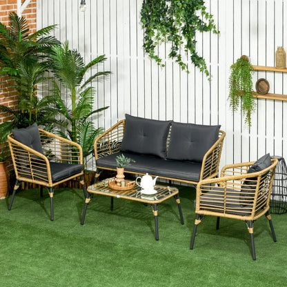 Outsunny Set da Giardino 4 Pezzi in Rattan PE e Acciaio con 2 Sedie, Divano 2 Posti e Tavolino, Marrone Nero e Grigio