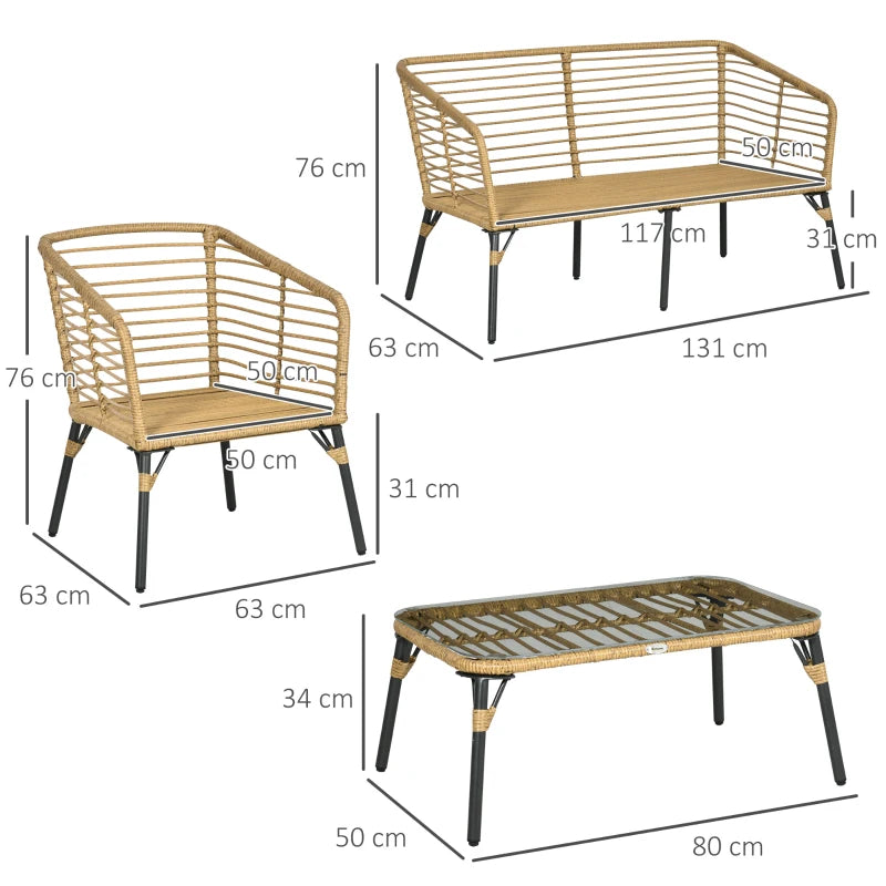 Outsunny Set da Giardino 4 Pezzi in Rattan PE e Acciaio con 2 Sedie, Divano 2 Posti e Tavolino, Marrone Nero e Grigio