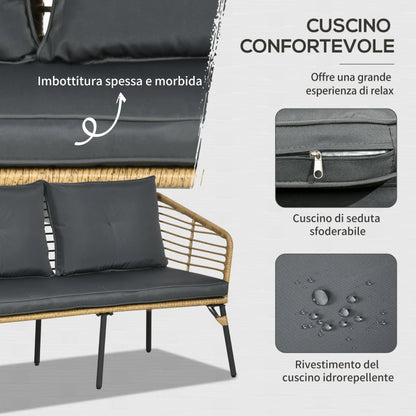 Outsunny Set da Giardino 4 Pezzi in Rattan PE e Acciaio con 2 Sedie, Divano 2 Posti e Tavolino, Marrone Nero e Grigio
