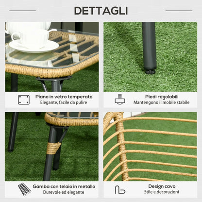 Outsunny Set da Giardino 4 Pezzi in Rattan PE e Acciaio con 2 Sedie, Divano 2 Posti e Tavolino, Marrone Nero e Grigio