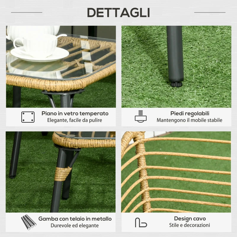 Outsunny Set da Giardino 4 Pezzi in Rattan PE e Acciaio con 2 Sedie, Divano 2 Posti e Tavolino, Marrone Nero e Grigio