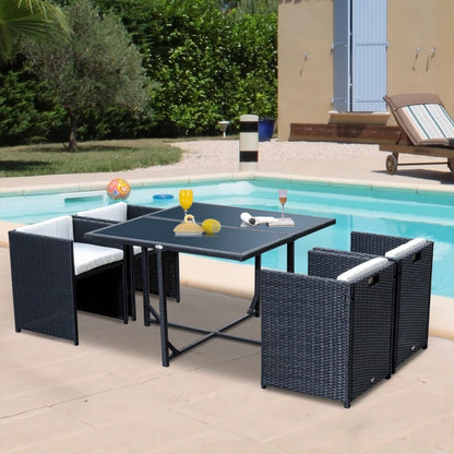 Outsunny Set Mobili da Giardino 5pz Set Tavolo da Pranzo con 4 Sedie con Cuscini Combinabili a Rettangolo, Nero, 109x109x72 cm