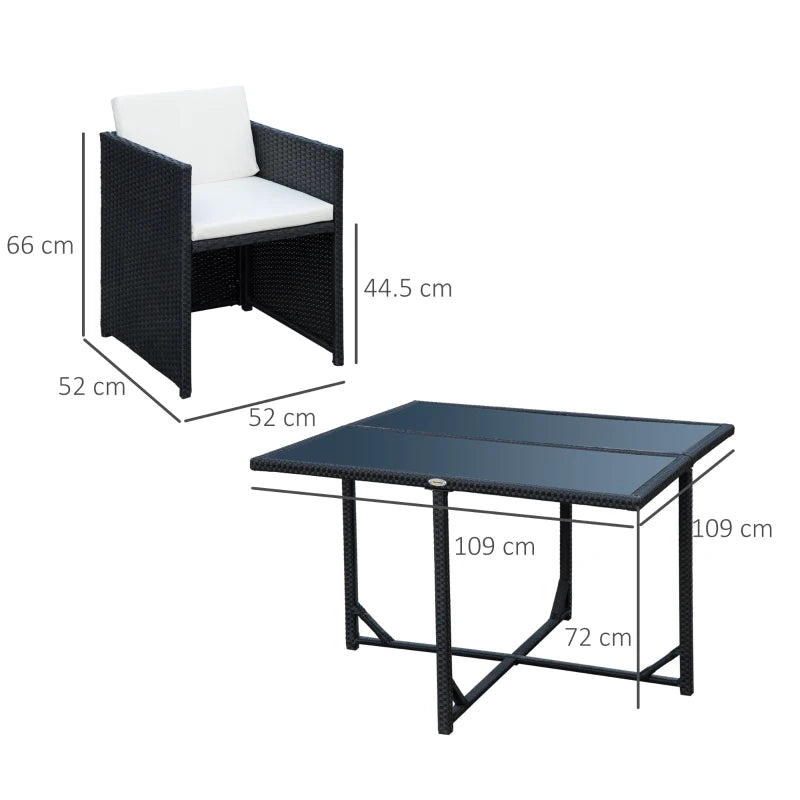 Outsunny Set Mobili da Giardino 5pz Set Tavolo da Pranzo con 4 Sedie con Cuscini Combinabili a Rettangolo, Nero, 109x109x72 cm