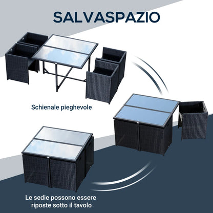 Outsunny Set Mobili da Giardino 5pz Set Tavolo da Pranzo con 4 Sedie con Cuscini Combinabili a Rettangolo, Nero, 109x109x72 cm