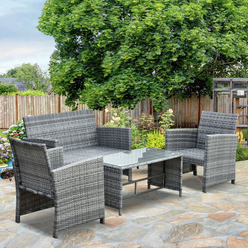 Outsunny Set Mobili 4 Pezzi Divanetto 2 Poltrone Tavolino da Giardino Metallo, Rattan 108.5 x 61.5 x76.5 cm