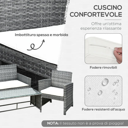 Outsunny Set Mobili 4 Pezzi Divanetto 2 Poltrone Tavolino da Giardino Metallo, Rattan 108.5 x 61.5 x76.5 cm
