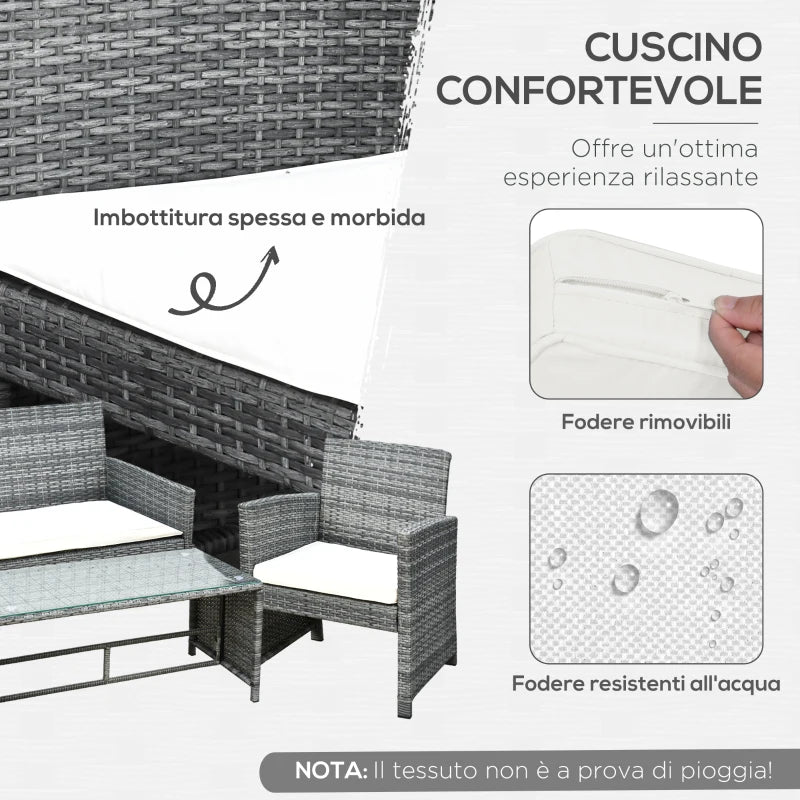 Outsunny Set Mobili 4 Pezzi Divanetto 2 Poltrone Tavolino da Giardino Metallo, Rattan 108.5 x 61.5 x76.5 cm