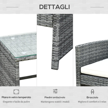 Outsunny Set Mobili 4 Pezzi Divanetto 2 Poltrone Tavolino da Giardino Metallo, Rattan 108.5 x 61.5 x76.5 cm
