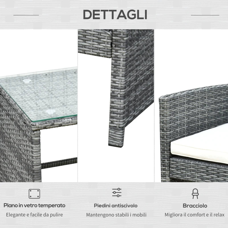 Outsunny Set Mobili 4 Pezzi Divanetto 2 Poltrone Tavolino da Giardino Metallo, Rattan 108.5 x 61.5 x76.5 cm
