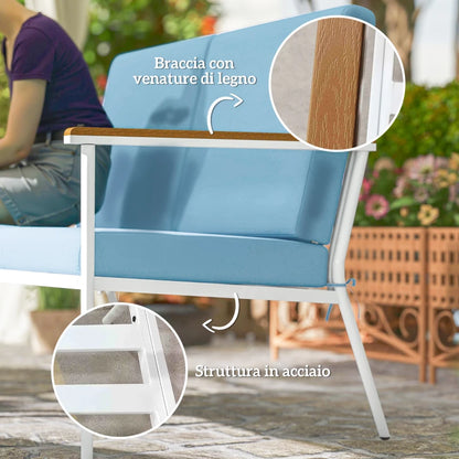 Outsunny Set da Esterno con Divano 2 Posti, 2 Poltrone e 2 Tavolini da Caffè in Vetro, Azzurro