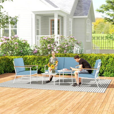 Outsunny Set da Esterno con Divano 2 Posti, 2 Poltrone e 2 Tavolini da Caffè in Vetro, Azzurro