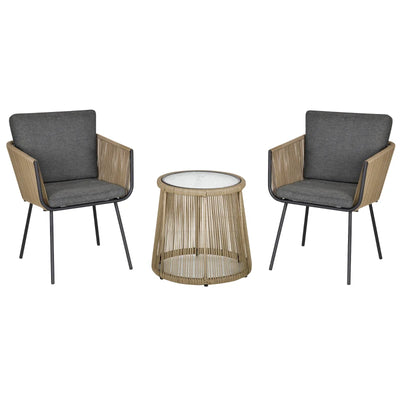 Outsunny Set 2 Poltroncine con Tavolino da Esterno in Rattan PE Stile Boho, Cachi e Grigio