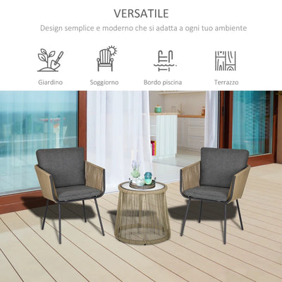 Outsunny Set 2 Poltroncine con Tavolino da Esterno in Rattan PE Stile Boho, Cachi e Grigio