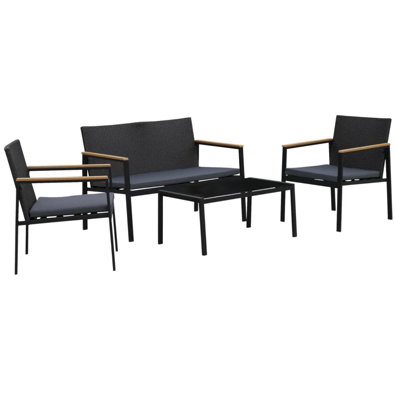 Outsunny Set 4 Pezzi Salotto da Esterni con 2 Sedie, Divano e Tavolino Mobili da Giardino in Rattan e Acciaio Nero
