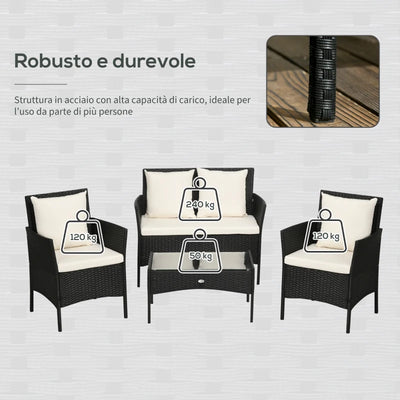 Outsunny Set da Giardino 4Pezzi in Rattan con 2 Sedie, Poltrona da Giardino a 2 Posti e Tavolino Basso