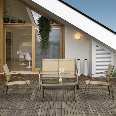 Outsunny Set da Giardino 4 Pezzi con 2 Sedie, 1 Divanetto e 1 Tavolino da Caffè, Kaki