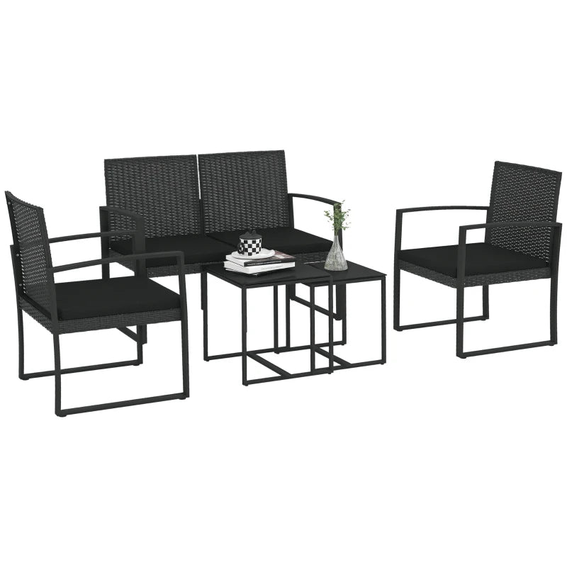 Outsunny Set da Giardino con 2 Sedie, Divanetto e 2 Tavolini con Cuscini e Piano in Vetro, Nero