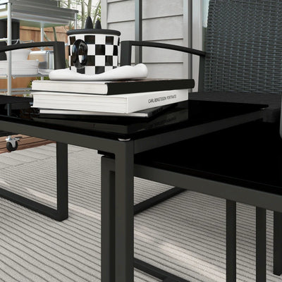 Outsunny Set da Giardino con 2 Sedie, Divanetto e 2 Tavolini con Cuscini e Piano in Vetro, Nero