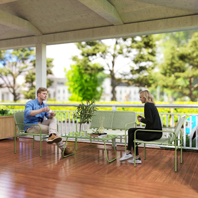 Outsunny Salotto da Esterno in Rattan PE con Divanetto, 2 Poltroncine e Tavolino con Piano in Vetro, Verde