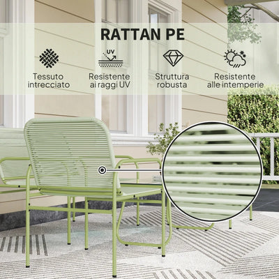 Outsunny Salotto da Esterno in Rattan PE con Divanetto, 2 Poltroncine e Tavolino con Piano in Vetro, Verde