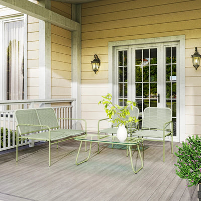 Outsunny Salotto da Esterno in Rattan PE con Divanetto, 2 Poltroncine e Tavolino con Piano in Vetro, Verde