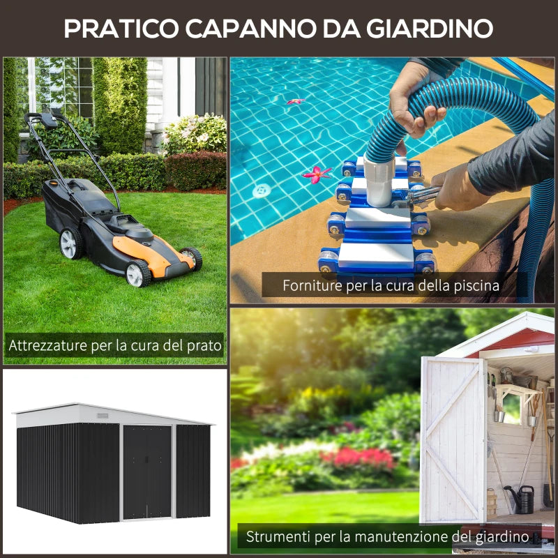 Outsunny Ripostiglio da Giardino con Porta Scorrevole, in Acciaio, 345x280.5x169-201cm, Nero