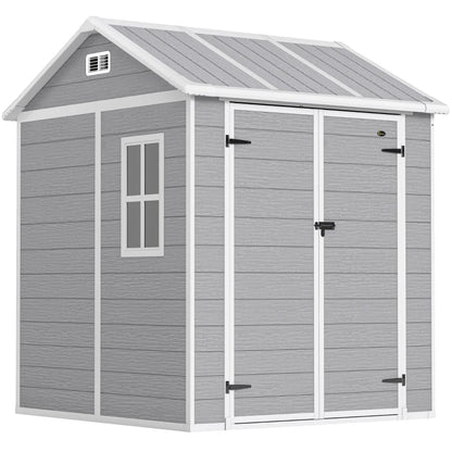 Outsunny Casetta da Giardino in Resina con Pavimento, 2 Porte con Blocco, Finestra, 1.8x1.8m, Grigio