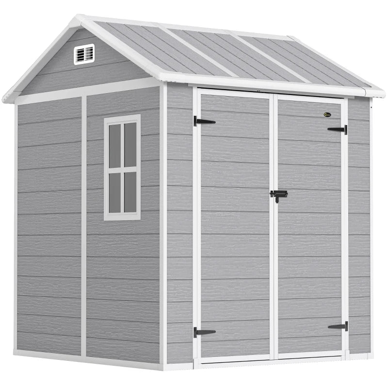 Outsunny Casetta da Giardino in Resina con Pavimento, 2 Porte con Blocco, Finestra, 1.8x1.8m, Grigio