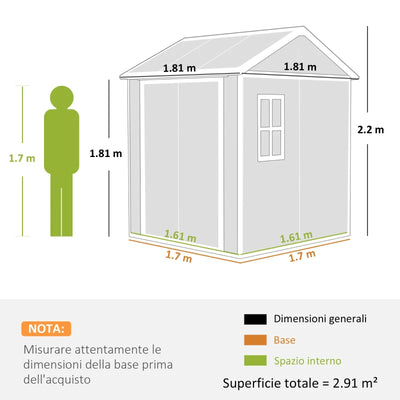 Outsunny Casetta da Giardino in Resina con Pavimento, 2 Porte con Blocco, Finestra, 1.8x1.8m, Grigio