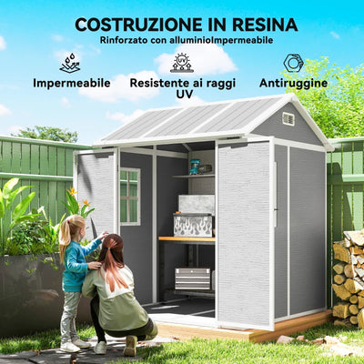 Outsunny Casetta da Giardino in Resina con Pavimento, 2 Porte con Blocco, Finestra, 1.8x1.8m, Grigio