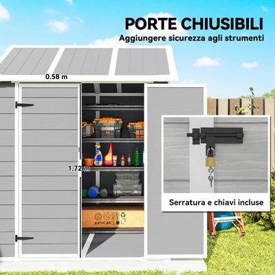 Outsunny Casetta da Giardino in Resina con Pavimento, 2 Porte con Blocco, Finestra, 1.8x1.8m, Grigio