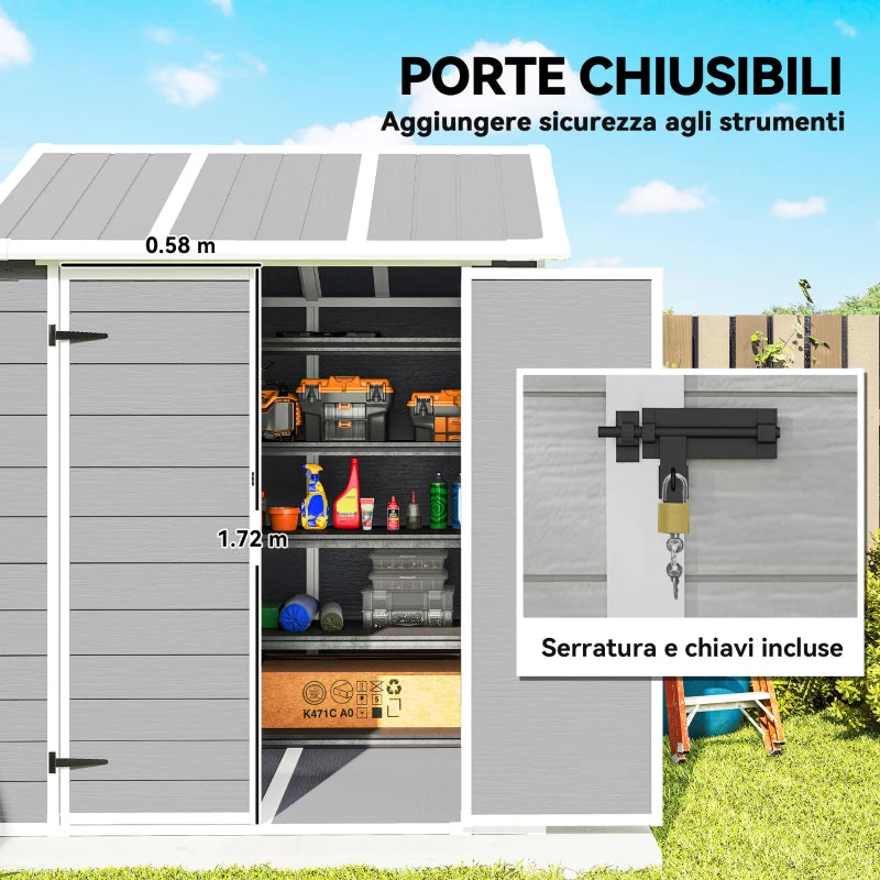 Outsunny Casetta da Giardino in Resina con Pavimento, 2 Porte con Blocco, Finestra, 1.8x1.8m, Grigio